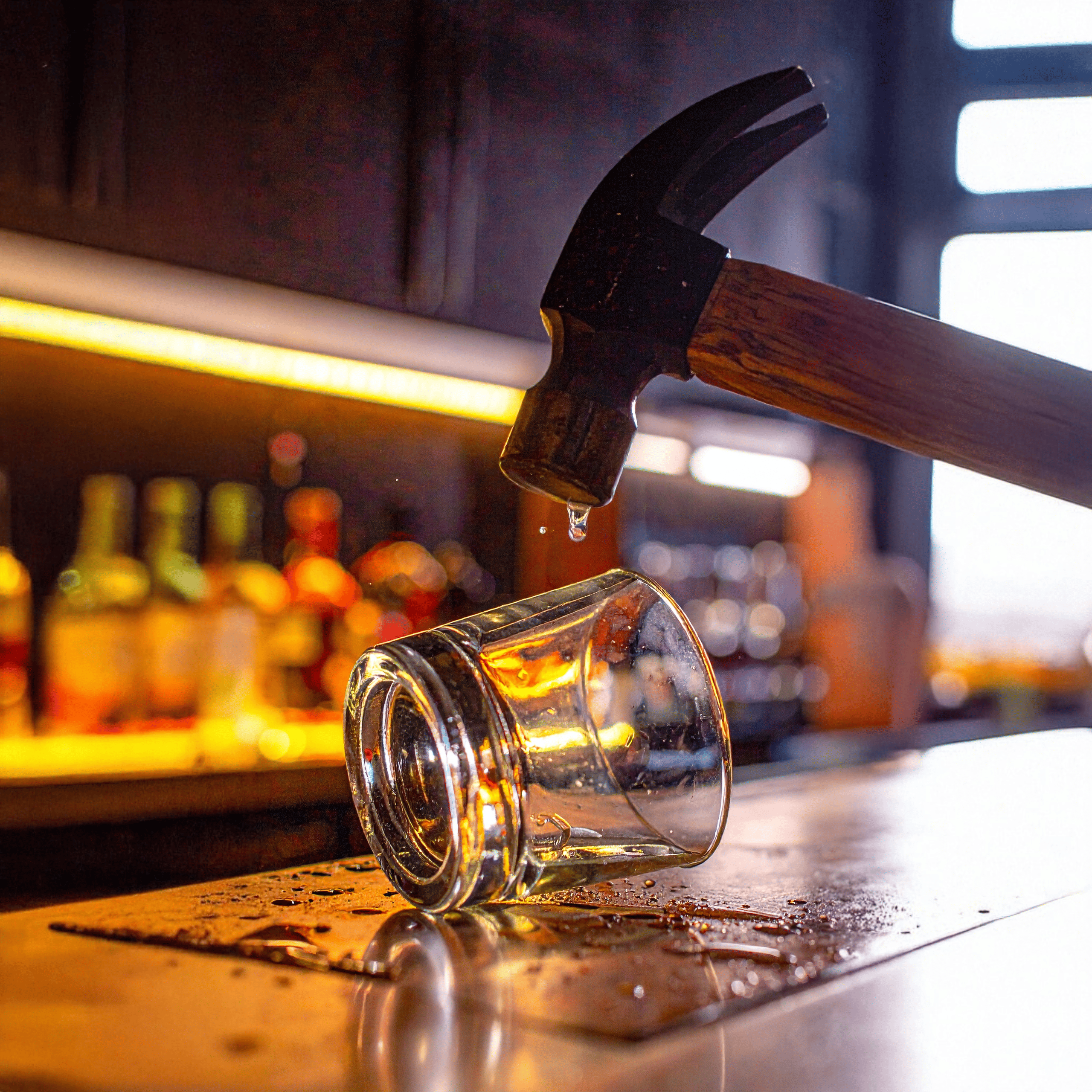 A hammer is hitting a glass on a bar